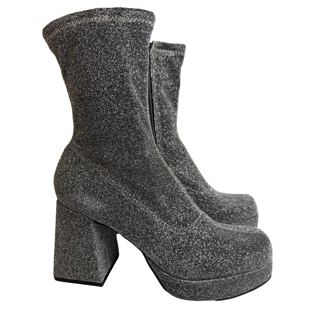 Abound Womens 8‎ Silver Sparkle Fabric Zip Ankle Platform Block Heel Boot NWOT